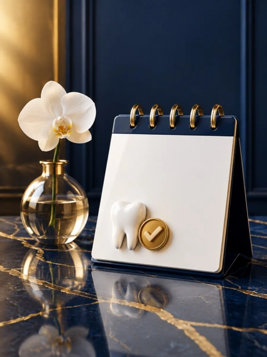 Book a dental appointment at Sigma Dental Clinic in Lincoln Square, Chicago – 3D calendar with tooth and gold check